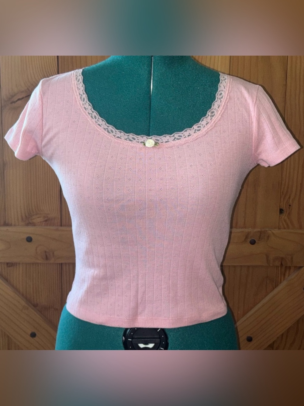 Pink Republic Pink Pointelle Lace Rose Baby Tee XS Coquette Y2K